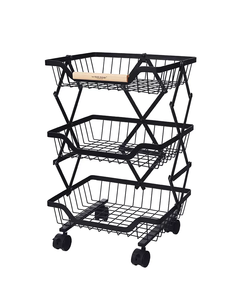 3 Tier Foldable Rolling Cart, Black